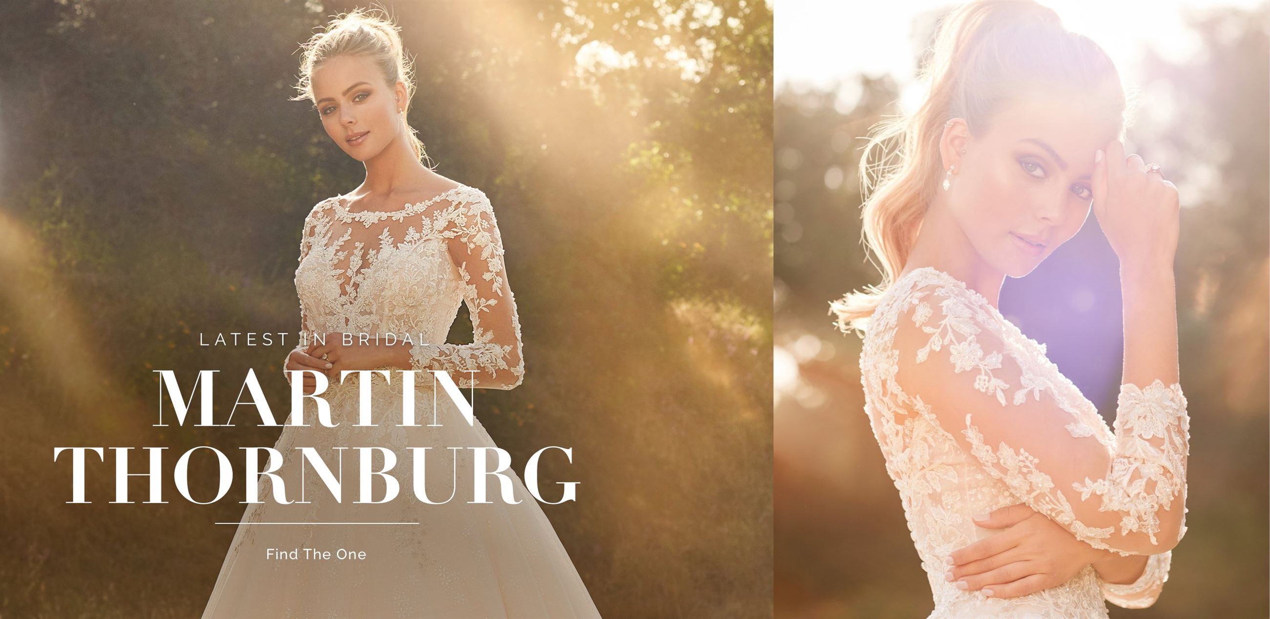 Banner for Martin Thornburg collection. Model wearing long sleeve floral and lace wedding dress