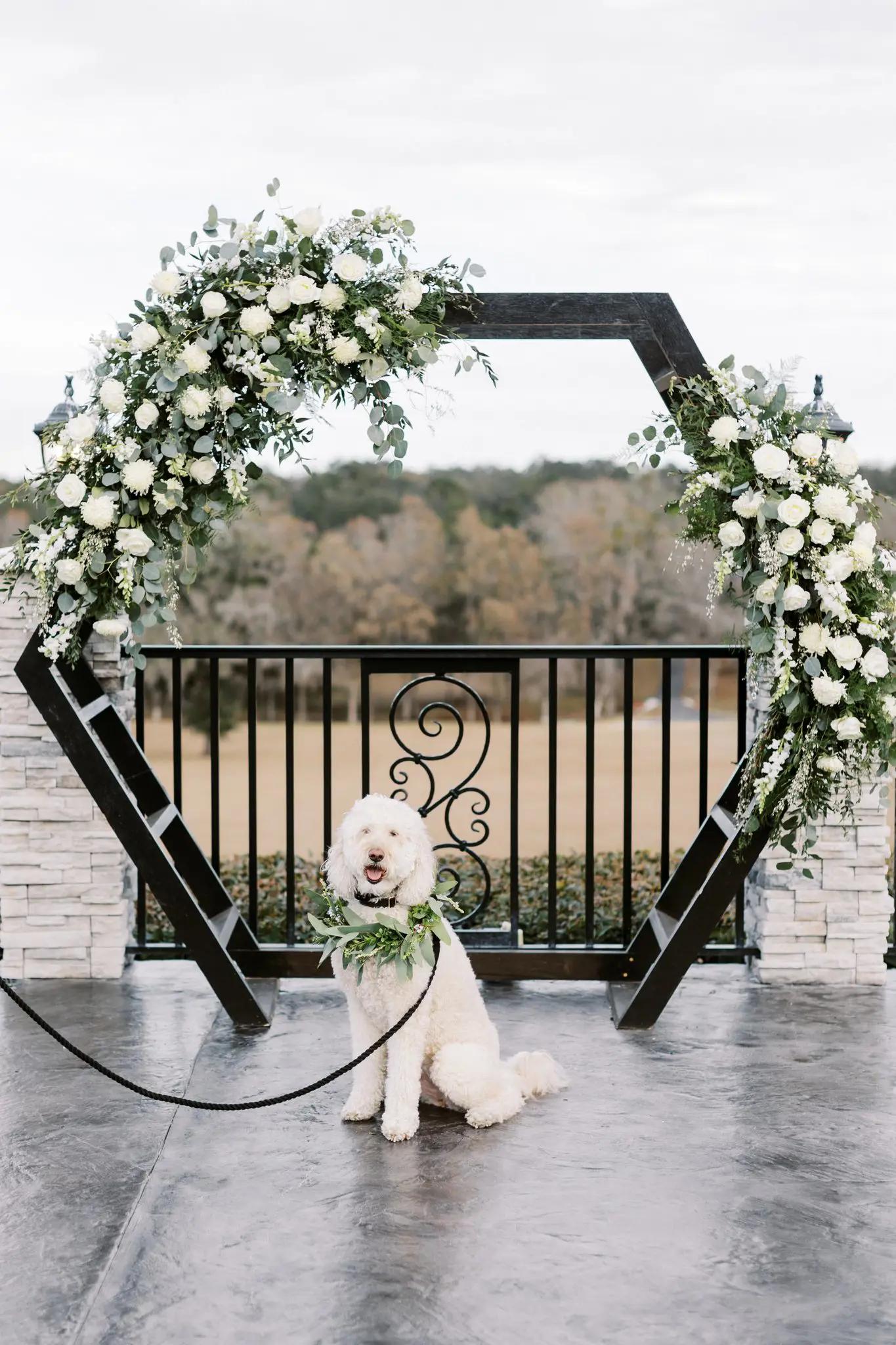 White flowers and wooden wedding arch